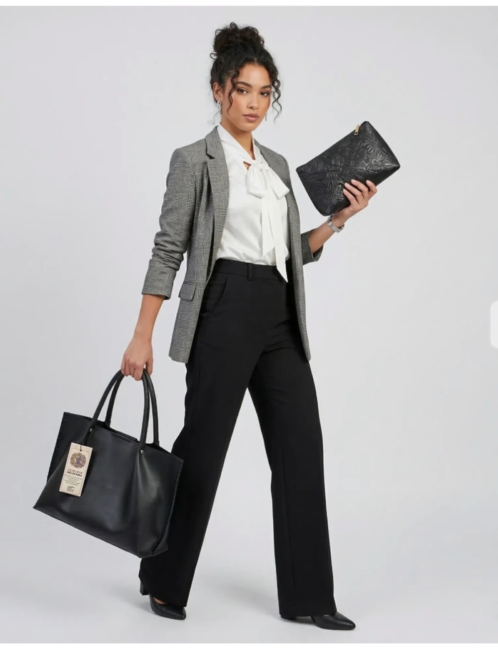 MEXICANA Leather Black Women's Tote with Handtooled Black leather Pouch - Picture 6 of 7